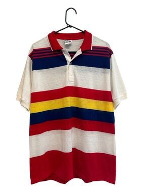 Vintage 80s/90s New Connections Red, Blue & Yellow Striped Polo Size XL